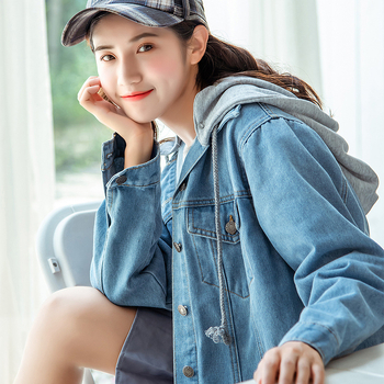 Nová džínsová bunda s kapucňou pre ženy v kórejskom štýle, študentská bunda s dlhým rukávom a voľnou tenkou bunda v štýle Harajuku