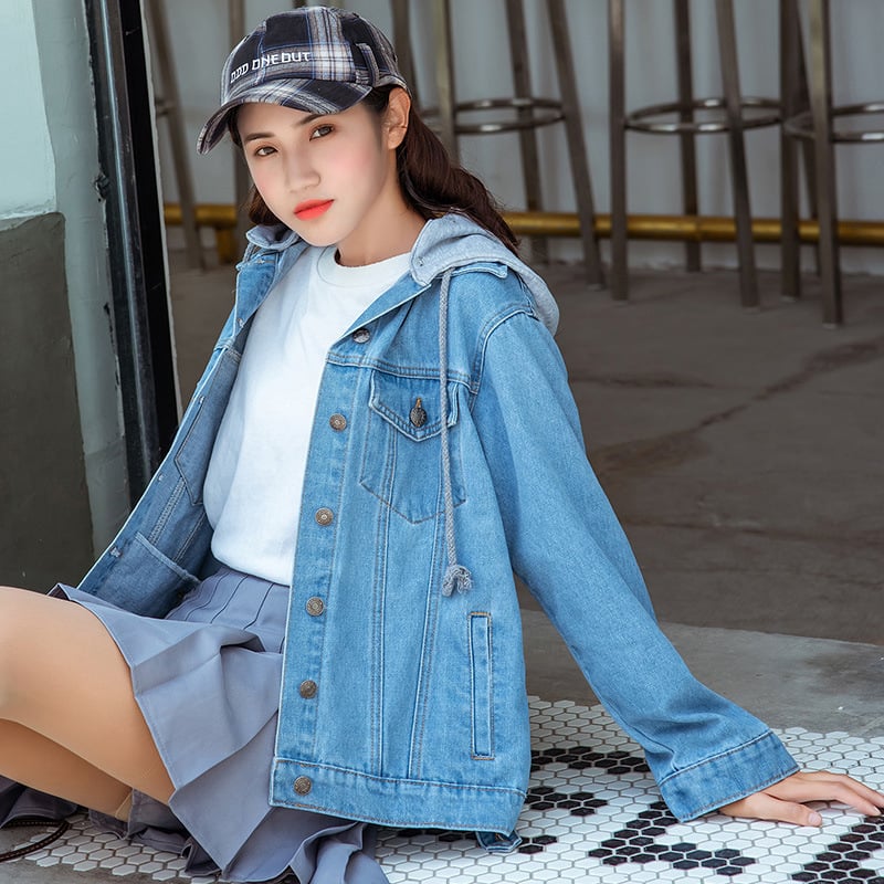 Jachetă denim cu glugă nouă pentru femei, stil coreean, student, cu mânecă lungă, stil Harajuku, jachetă slim lejeră