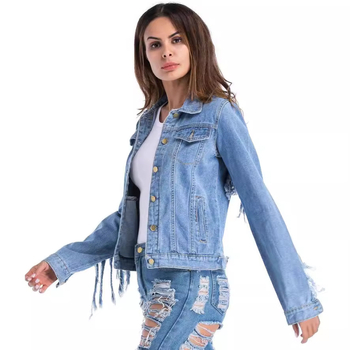 Real Shot AliExpress Amazon hátsó ujjú bojtos farmerkabát nőknek