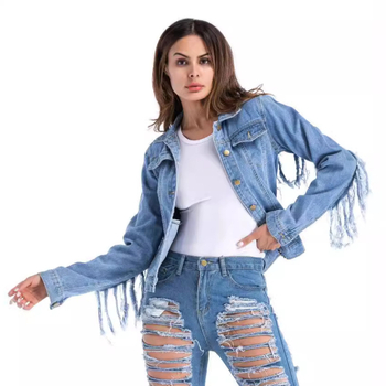 Real Shot AliExpress Amazon hátsó ujjú bojtos farmerkabát nőknek