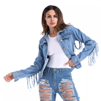 Real Shot AliExpress Amazon hátsó ujjú bojtos farmerkabát nőknek