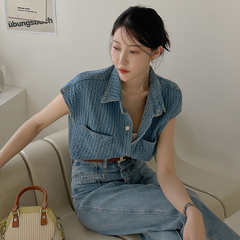 Geacă denim fără mâneci, stil coreean și elegant de vară, stil francez, vintage, Lar, cu un singur rând de nasturi, design cu buzunare, stil coreean, stil francez, topuri pentru femei