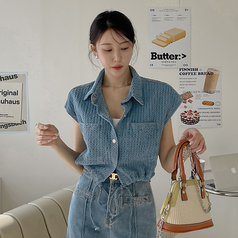 Geacă denim fără mâneci, stil coreean și elegant de vară, stil francez, vintage, Lar, cu un singur rând de nasturi, design cu buzunare, stil coreean, stil francez, topuri pentru femei
