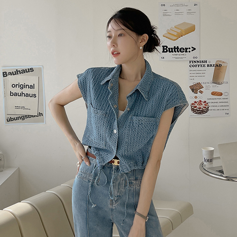 Geacă denim fără mâneci, stil coreean și elegant de vară, stil francez, vintage, Lar, cu un singur rând de nasturi, design cu buzunare, stil coreean, stil francez, topuri pentru femei
