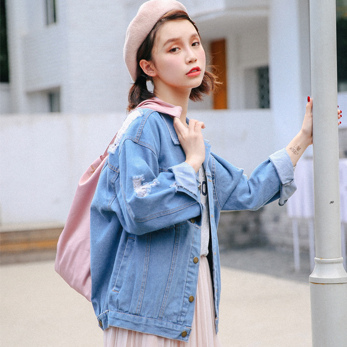 Νέα άφιξη 2019 Φθινοπωρινή σεζόν Διασημότητα Ίδιο στυλ Tang Xuan Αεροδρόμιο Φωτογραφία δρόμου Προσωπικότητα Σκισμένο χαλαρό καουμπόικο μπουφάν Γυναικείο