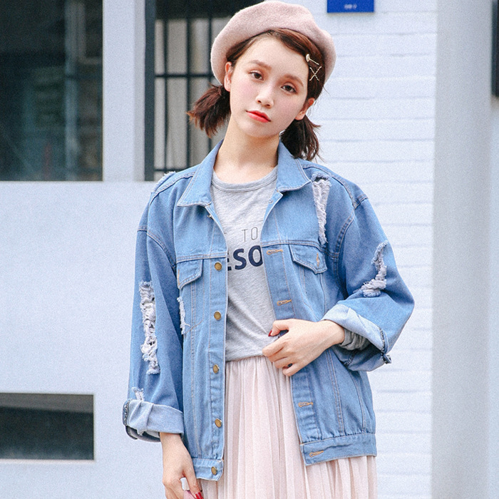 Νέα άφιξη 2019 Φθινοπωρινή σεζόν Διασημότητα Ίδιο στυλ Tang Xuan Αεροδρόμιο Φωτογραφία δρόμου Προσωπικότητα Σκισμένο χαλαρό καουμπόικο μπουφάν Γυναικείο