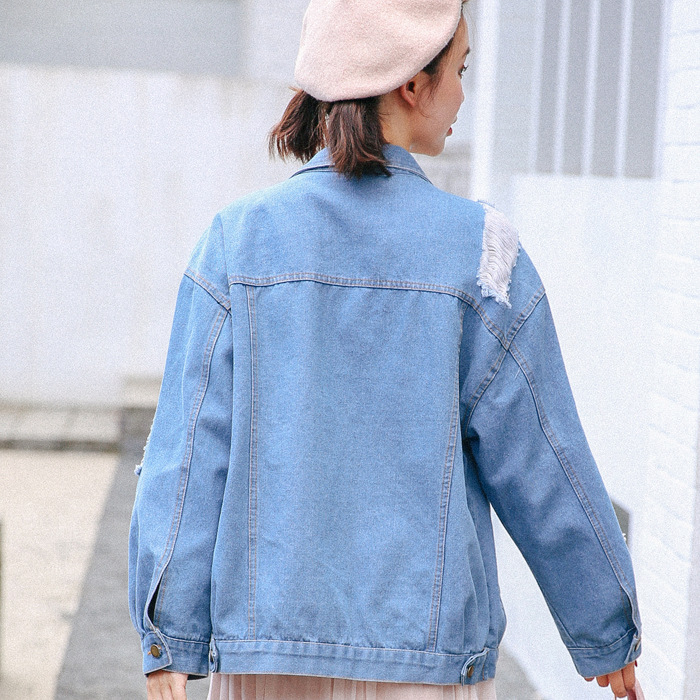 Νέα άφιξη 2019 Φθινοπωρινή σεζόν Διασημότητα Ίδιο στυλ Tang Xuan Αεροδρόμιο Φωτογραφία δρόμου Προσωπικότητα Σκισμένο χαλαρό καουμπόικο μπουφάν Γυναικείο