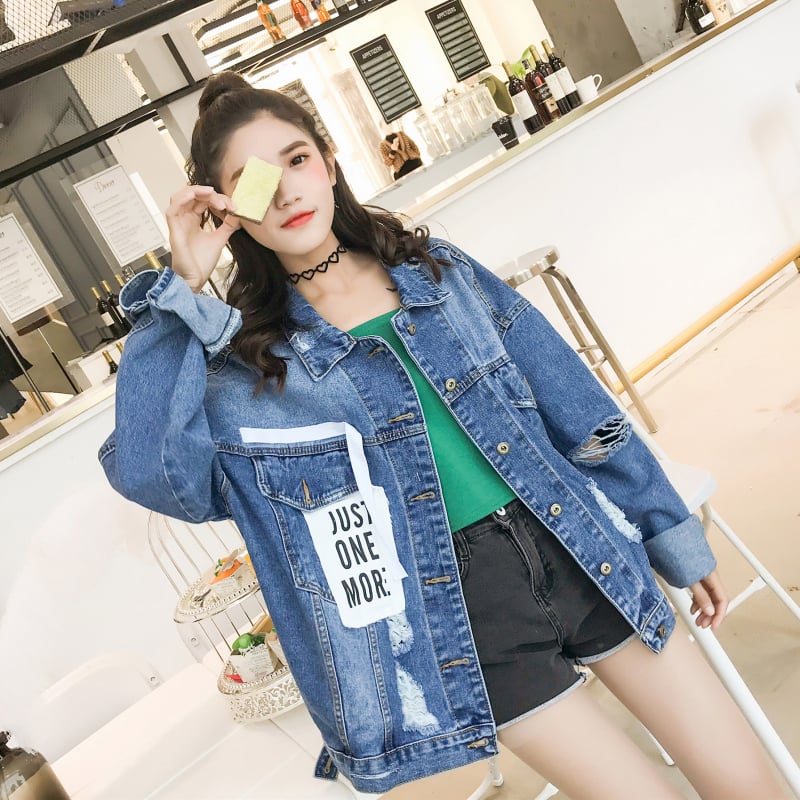 Jachetă denim pentru femei, versiunea coreeană de primăvară 2019, model nou, cu autocolant BF, pânză ruptă, gaură, la modă, stradă, vrac, casual, slăbire