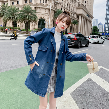 Sügisene Korea stiilis teksariie, lahtise salendava suurusega naiste keskmise pikkusega vabaaja teksariie, mantel