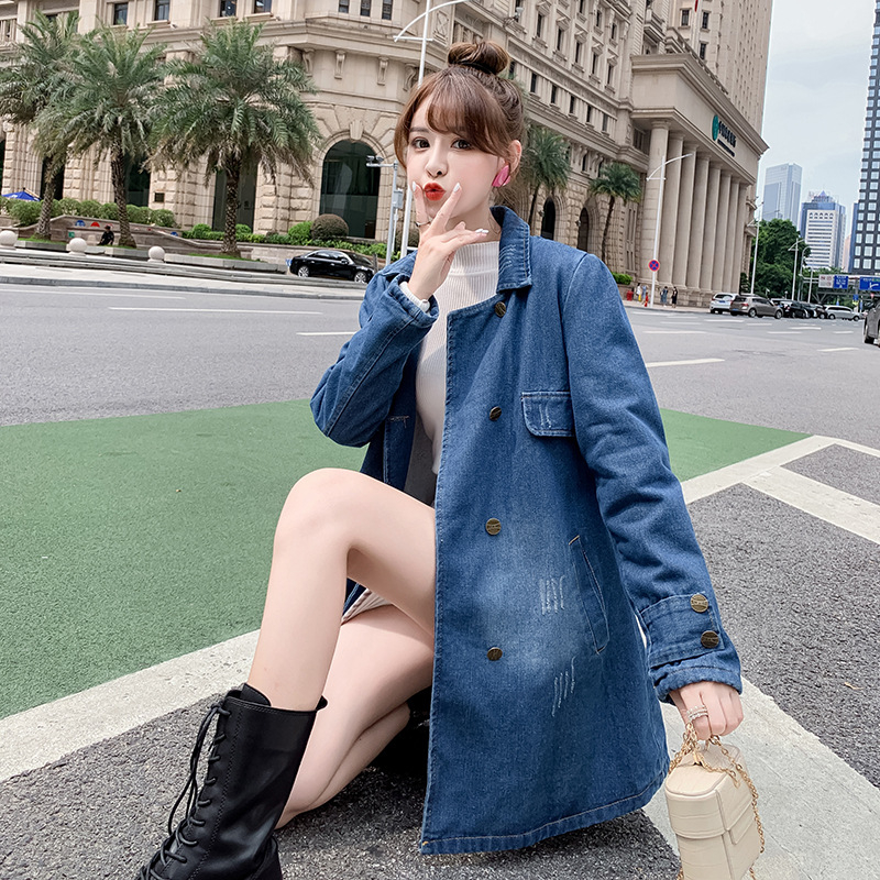 Sügisene Korea stiilis teksariie, lahtise salendava suurusega naiste keskmise pikkusega vabaaja teksariie, mantel