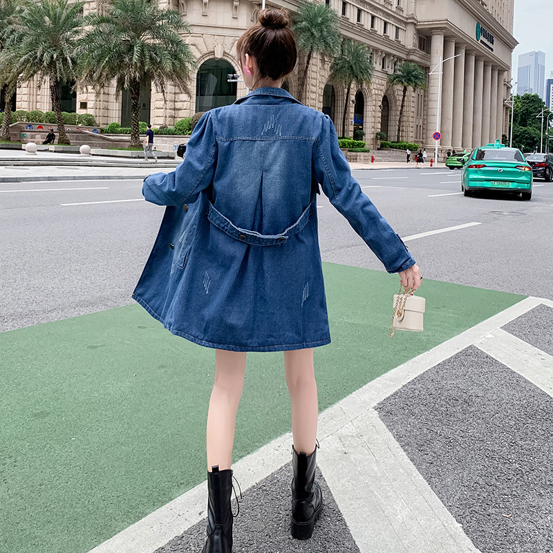 Sügisene Korea stiilis teksariie, lahtise salendava suurusega naiste keskmise pikkusega vabaaja teksariie, mantel