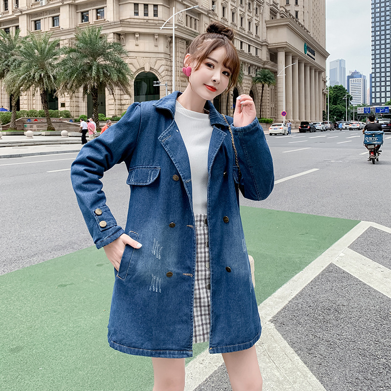 Sügisene Korea stiilis teksariie, lahtise salendava suurusega naiste keskmise pikkusega vabaaja teksariie, mantel