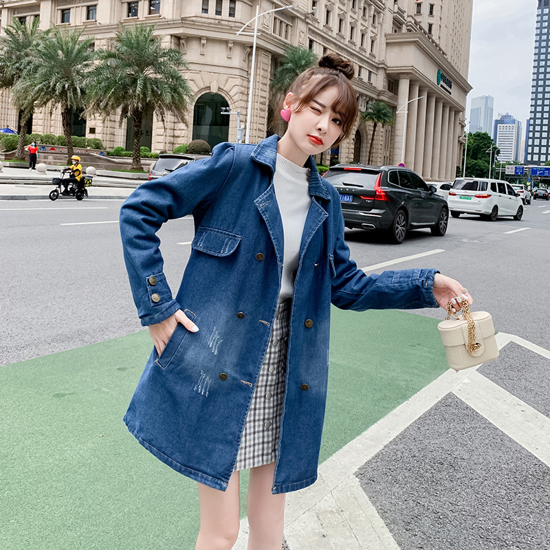 Sügisene Korea stiilis teksariie, lahtise salendava suurusega naiste keskmise pikkusega vabaaja teksariie, mantel