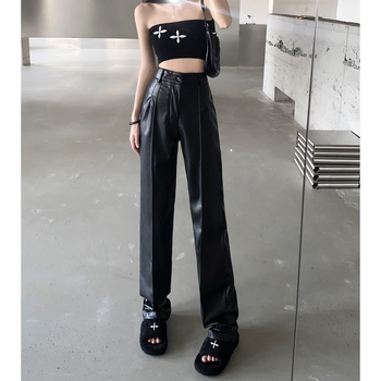 Реална цена на склад Дамски тесни черни кожени панталони с висока талия, луксозни, ежедневни, прави и широки панталони