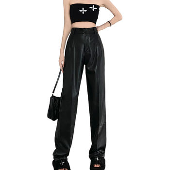 Реална цена на склад Дамски тесни черни кожени панталони с висока талия, луксозни, ежедневни, прави и широки панталони