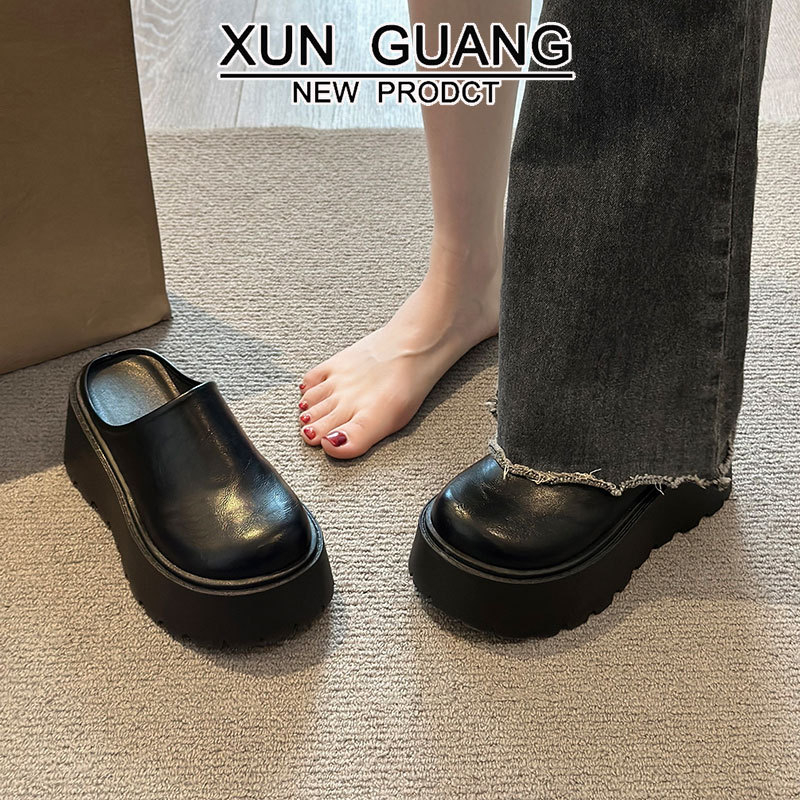 Papuci mici cu înălțime mică Baotou, jumătate de papuci pentru femei, îmbrăcăminte exterioară 2025 primăvara nouă, talpă groasă, leneș, Bokken, pantofi din piele naturală pentru femei