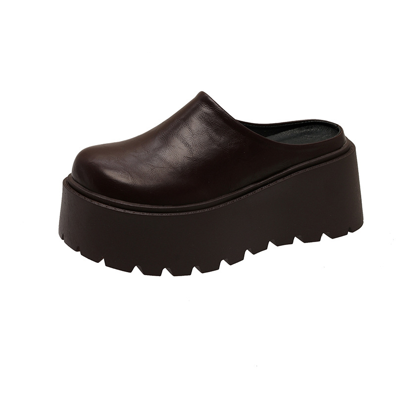 Papuci mici cu înălțime mică Baotou, jumătate de papuci pentru femei, îmbrăcăminte exterioară 2025 primăvara nouă, talpă groasă, leneș, Bokken, pantofi din piele naturală pentru femei