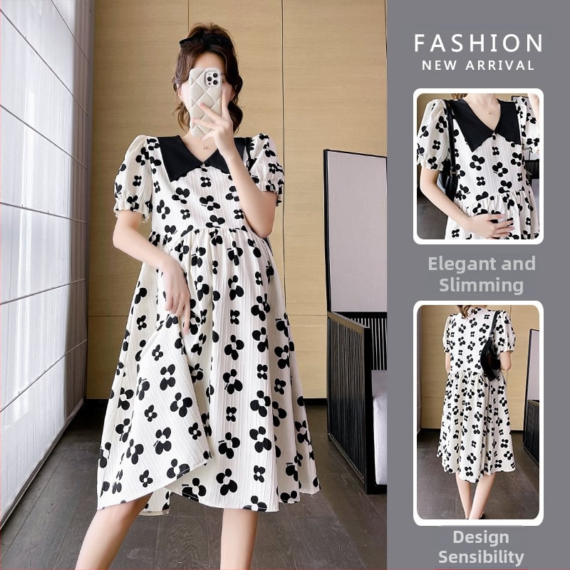 Φόρεμα εγκυμοσύνης 2023 για γυναίκες, καλοκαίρι, με κοντά μανίκια, χαλαρό, αδυνάτισμα, Midi, σε κορεατικό στιλ, για γυναίκες, με φλοράλ print