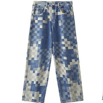 Shanggu férfi amerikai divatos farmernadrág, férfi őszi határokon átnyúló mozaik kockás egyenes szabású nadrág, férfi laza nadrág