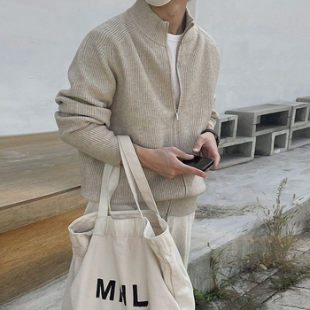 Pánsky jesenný rolák s golierom MYQ, voľný pletený kardigan so zipsom a lenivým štýlom