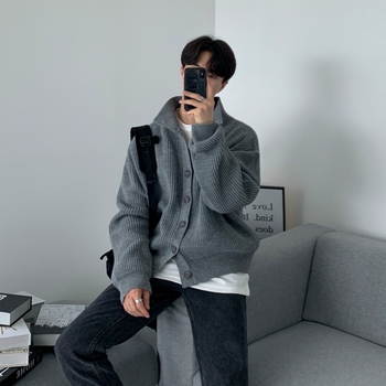 Pánsky jarný a jesenný kardigan s golierom MYQ, voľný, módny, luxusný retro sveter