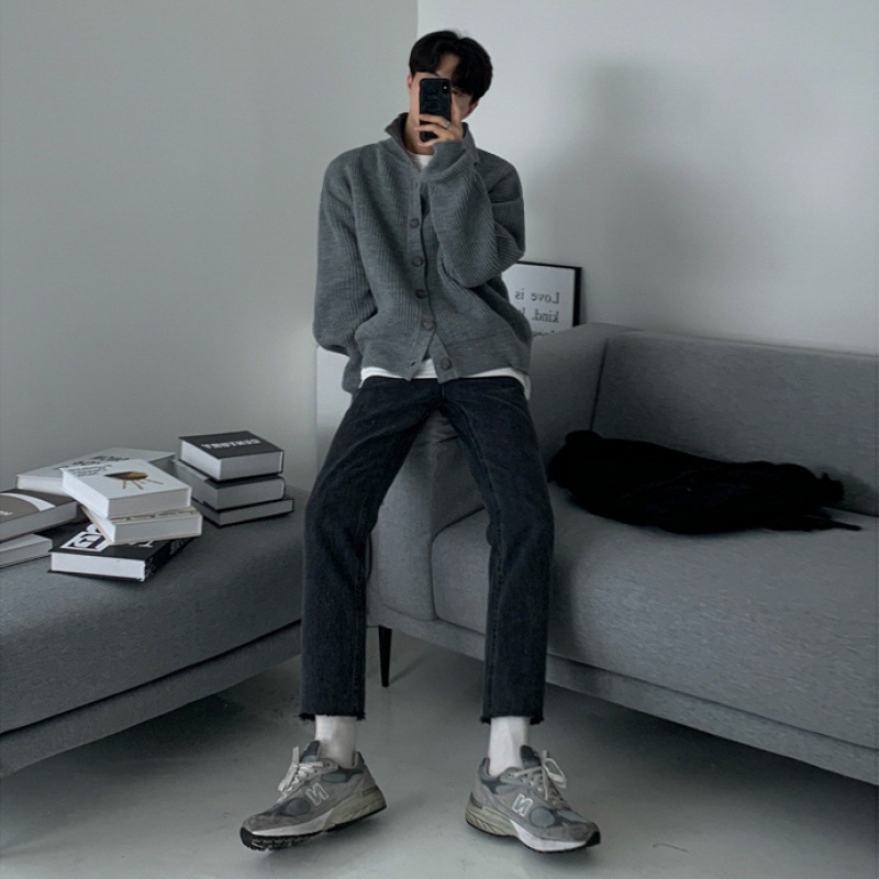 Pánsky jarný a jesenný kardigan s golierom MYQ, voľný, módny, luxusný retro sveter