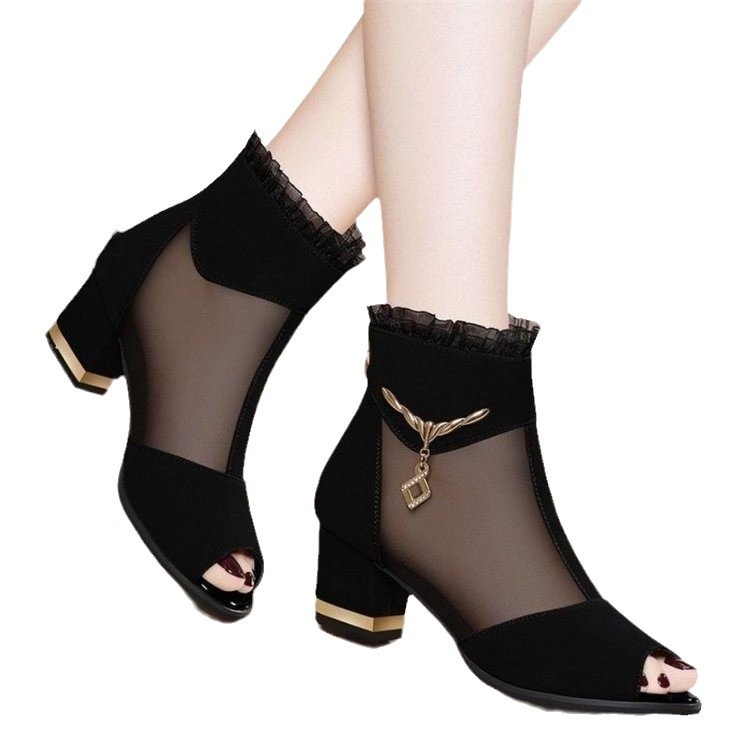 Pantofi cu toc înalt, cu toc gros, asortați, primăvara și vara 2025, pantofi noi pentru femei, sandale cu toc înalt, ținute pentru femei cu toc mediu