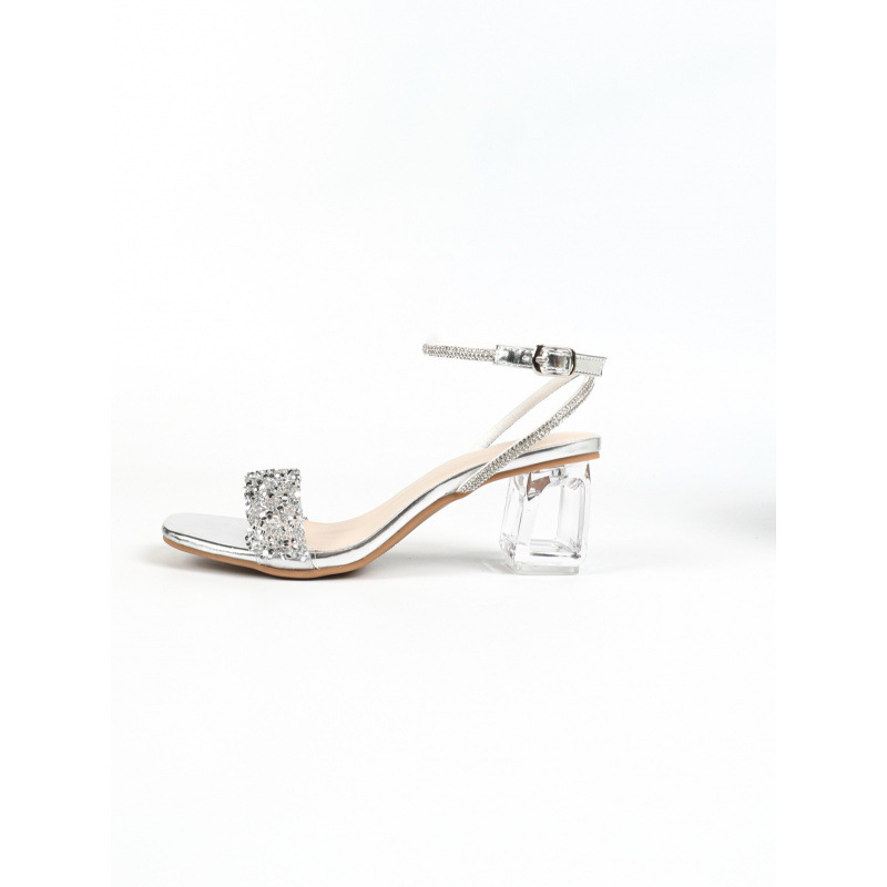 Letné nové módne sandále s kamienkami v štýle rozprávok, priehľadné, na hrubom podpätku pre ženy, módne jednoradové sandále na vysokom podpätku s prackou pre ženy