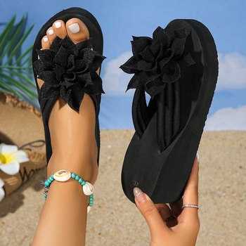 Papuci de plajă antiderapanți cu fund gros, lucrați manual, din flori, negri, pentru femei, de mărime plus, comerț exterior 2023