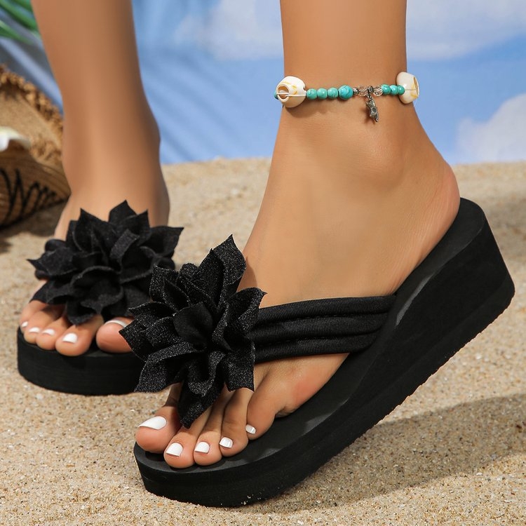 Papuci de plajă antiderapanți cu fund gros, lucrați manual, din flori, negri, pentru femei, de mărime plus, comerț exterior 2023