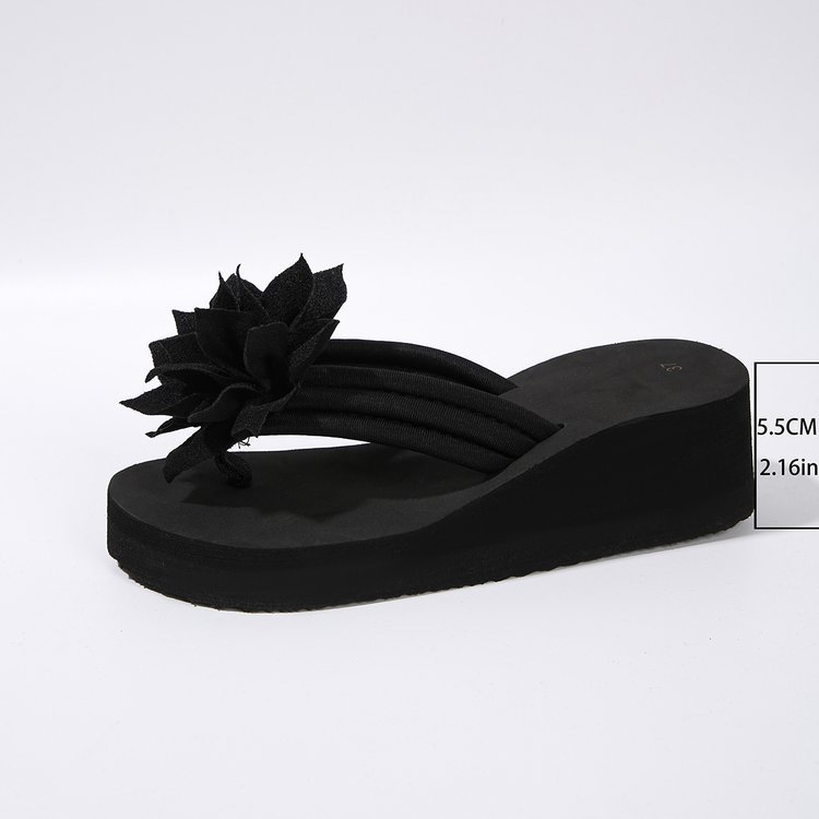 Papuci de plajă antiderapanți cu fund gros, lucrați manual, din flori, negri, pentru femei, de mărime plus, comerț exterior 2023