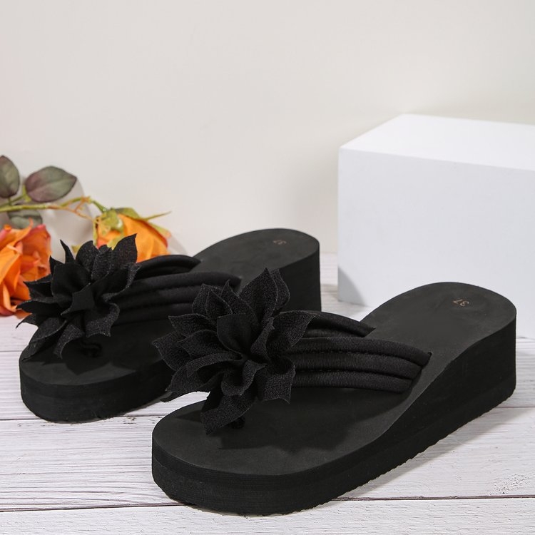 Papuci de plajă antiderapanți cu fund gros, lucrați manual, din flori, negri, pentru femei, de mărime plus, comerț exterior 2023