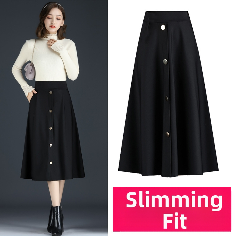 Dámska dlhá sukňa s vysokým pásom, veľkou veľkosťou, jednoradová, jesenná a zimná sukňa, zakrývajúca boky, zoštíhľujúca, stredne dlhá, sukňa do A-strihu