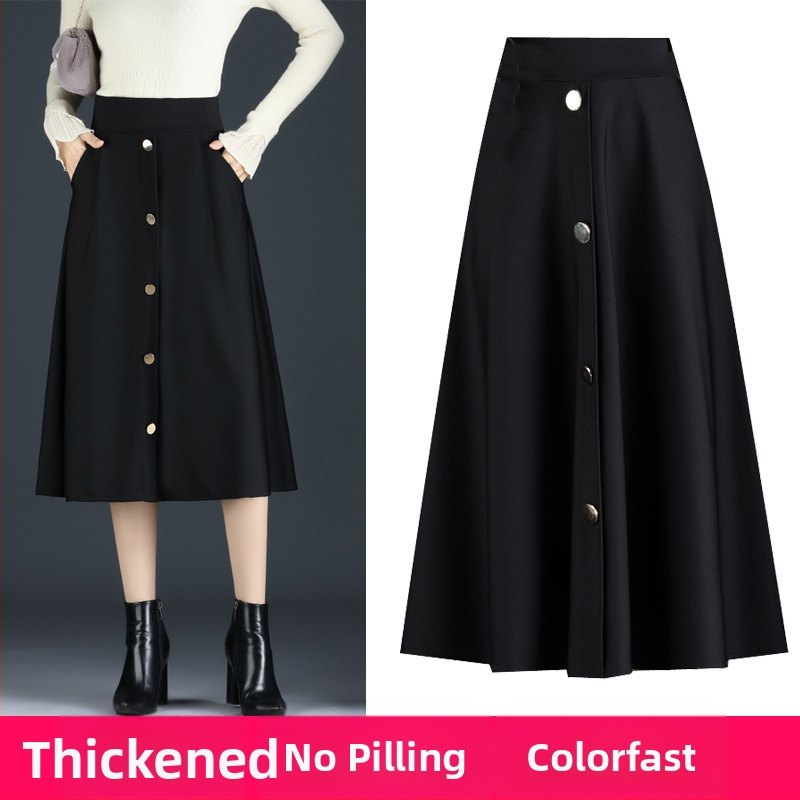 Dámska dlhá sukňa s vysokým pásom, veľkou veľkosťou, jednoradová, jesenná a zimná sukňa, zakrývajúca boky, zoštíhľujúca, stredne dlhá, sukňa do A-strihu