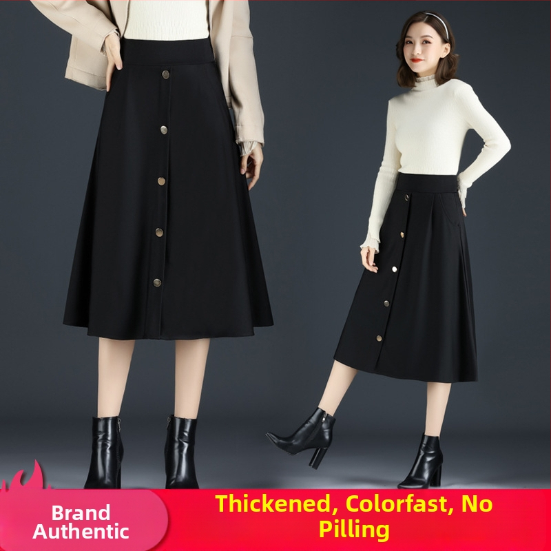 Dámska dlhá sukňa s vysokým pásom, veľkou veľkosťou, jednoradová, jesenná a zimná sukňa, zakrývajúca boky, zoštíhľujúca, stredne dlhá, sukňa do A-strihu