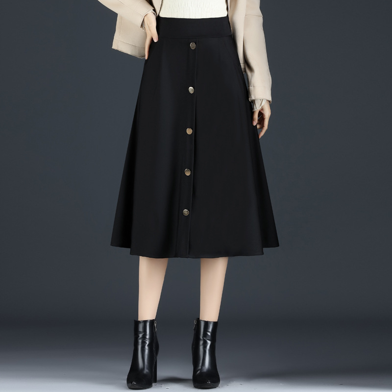 Fustă lungă cu talie înaltă pentru femei, dimensiuni mari, cu un singur rând de nasturi, toamna și iarna, fustă agățată de șold, subțire, lungime medie, linie A-line, fustă