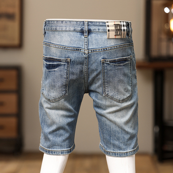 Europos stoties vasarinės mėlynos džinsinės šortai su plėšytomis laisvalaikio kelnėmis, madingos personalizuotos siuvimo elgetų arklių kelnės vyrams