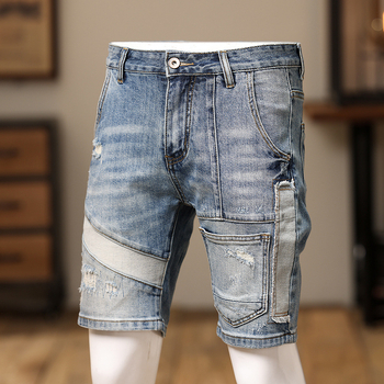Europos stoties vasarinės mėlynos džinsinės šortai su plėšytomis laisvalaikio kelnėmis, madingos personalizuotos siuvimo elgetų arklių kelnės vyrams