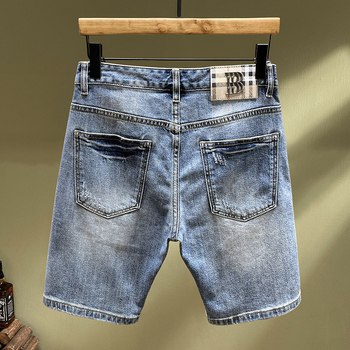 Europos stoties vasarinės mėlynos džinsinės šortai su plėšytomis laisvalaikio kelnėmis, madingos personalizuotos siuvimo elgetų arklių kelnės vyrams