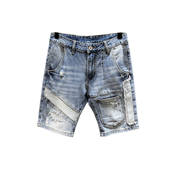 Europos stoties vasarinės mėlynos džinsinės šortai su plėšytomis laisvalaikio kelnėmis, madingos personalizuotos siuvimo elgetų arklių kelnės vyrams
