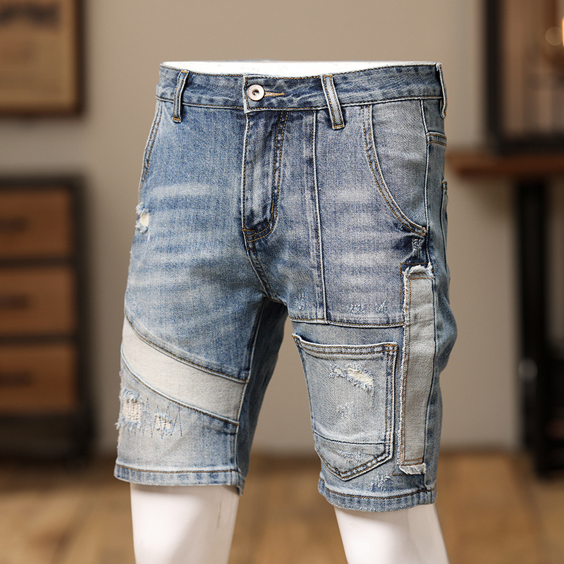 Europos stoties vasarinės mėlynos džinsinės šortai su plėšytomis laisvalaikio kelnėmis, madingos personalizuotos siuvimo elgetų arklių kelnės vyrams