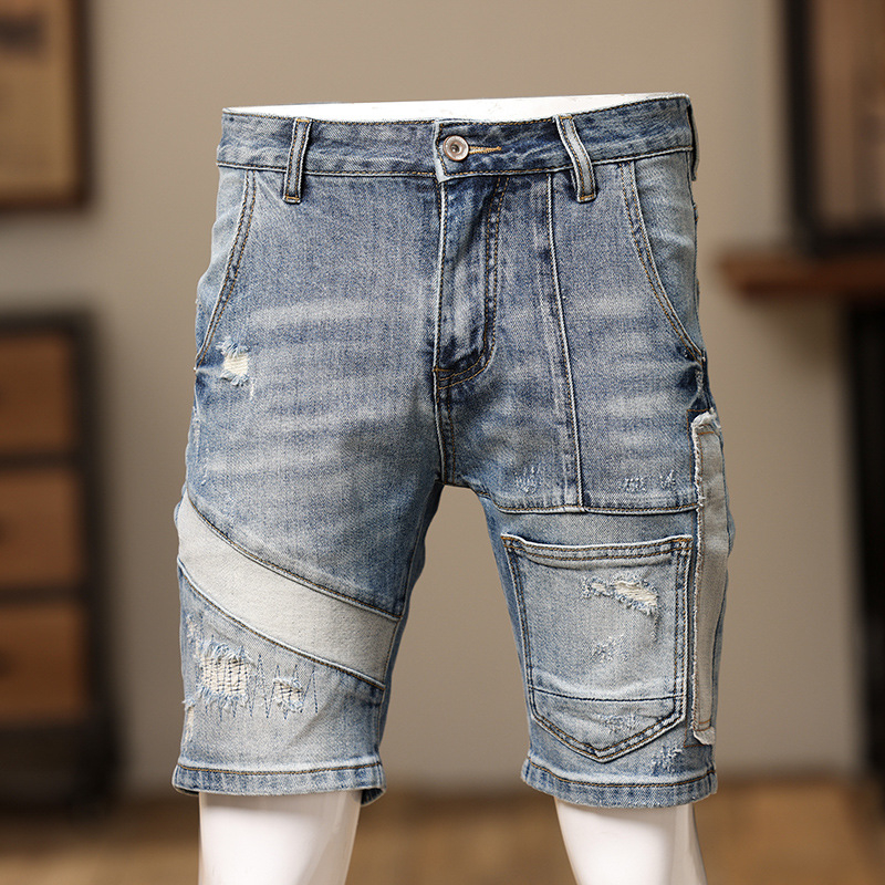 Europos stoties vasarinės mėlynos džinsinės šortai su plėšytomis laisvalaikio kelnėmis, madingos personalizuotos siuvimo elgetų arklių kelnės vyrams