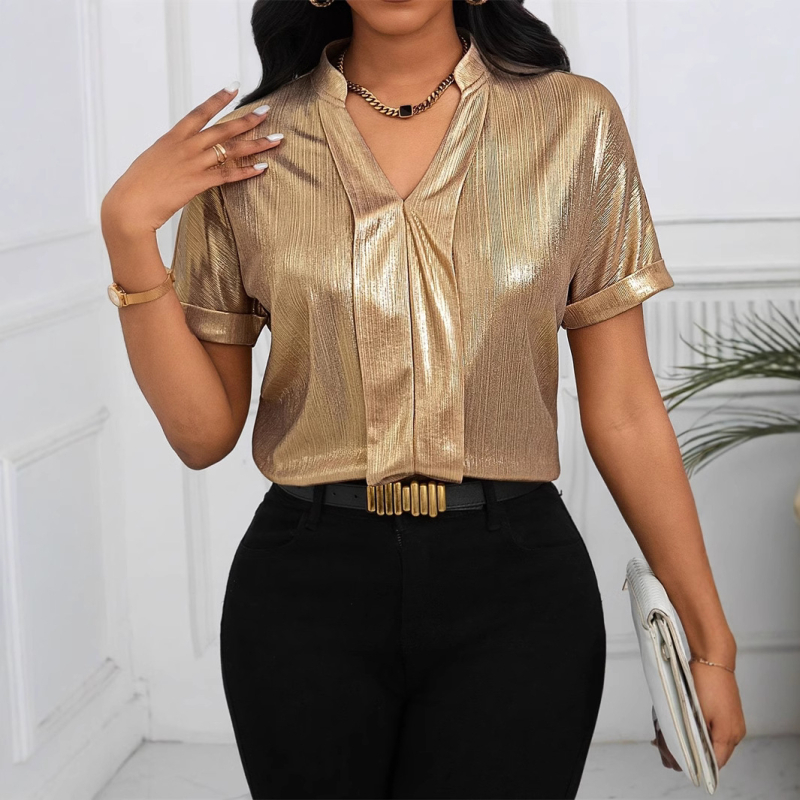 Dámska letná nová európska a americká topová blúzka s krátkym rukávom, jednofarebná, s krátkym rukávom, amazonská verzia z roku 2025