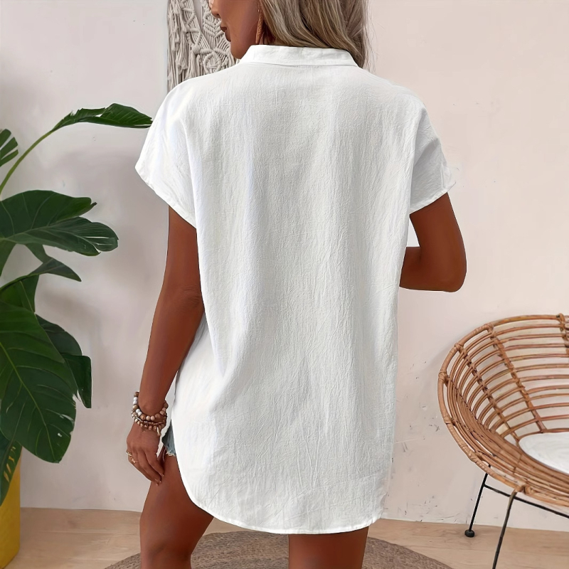 2025 Noua versiune europeană și americană transfrontalieră Amazon primăvară și vară nouă cu guler în V, mânecă scurtă, modă casual, culoare solidă, cămașă pentru femei