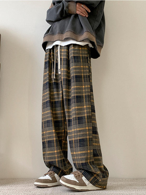 [Subțire, căptușit cu fleece] Pantaloni largi în carouri retro pentru femei, primăvara și toamna, noi studenți coreeni, pantaloni casual drepți, vrac