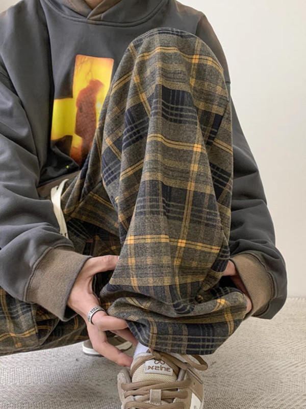 [Subțire, căptușit cu fleece] Pantaloni largi în carouri retro pentru femei, primăvara și toamna, noi studenți coreeni, pantaloni casual drepți, vrac