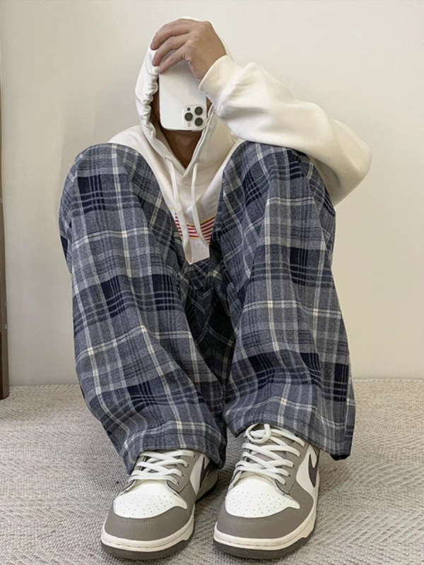 [Subțire, căptușit cu fleece] Pantaloni largi în carouri retro pentru femei, primăvara și toamna, noi studenți coreeni, pantaloni casual drepți, vrac