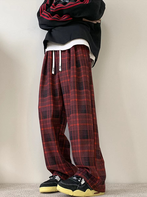 [Subțire, căptușit cu fleece] Pantaloni largi în carouri retro pentru femei, primăvara și toamna, noi studenți coreeni, pantaloni casual drepți, vrac