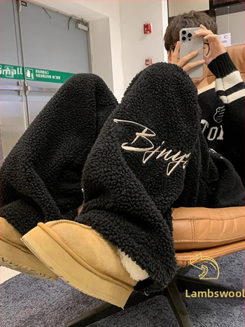 [с поларна подплата] Дамски есенно-зимни, бродирани прави панталони от агнешко руно с поларна подплата и поларна подплата, нови корейски ежедневни студентски панталони