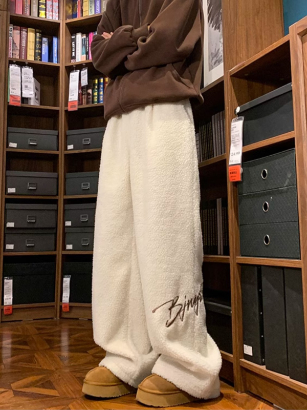 [căptușit cu lână] Pantaloni drepți brodați cu căptușeală din lână de miel, pantaloni casual coreeni pentru femei, toamna și iarna, noi pentru studenți